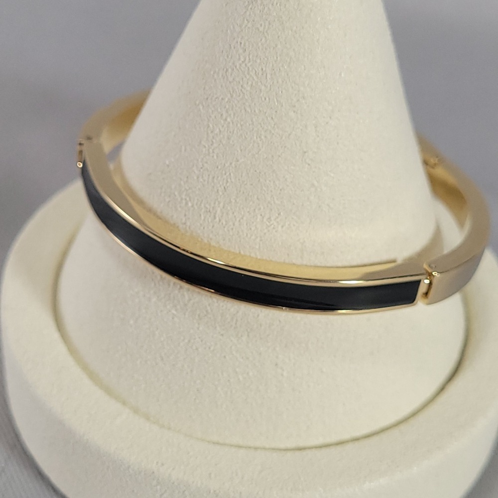 Anne Klein Bangle Bracelet Women Gold Black Enamel Inlay Lion Logo Hinged